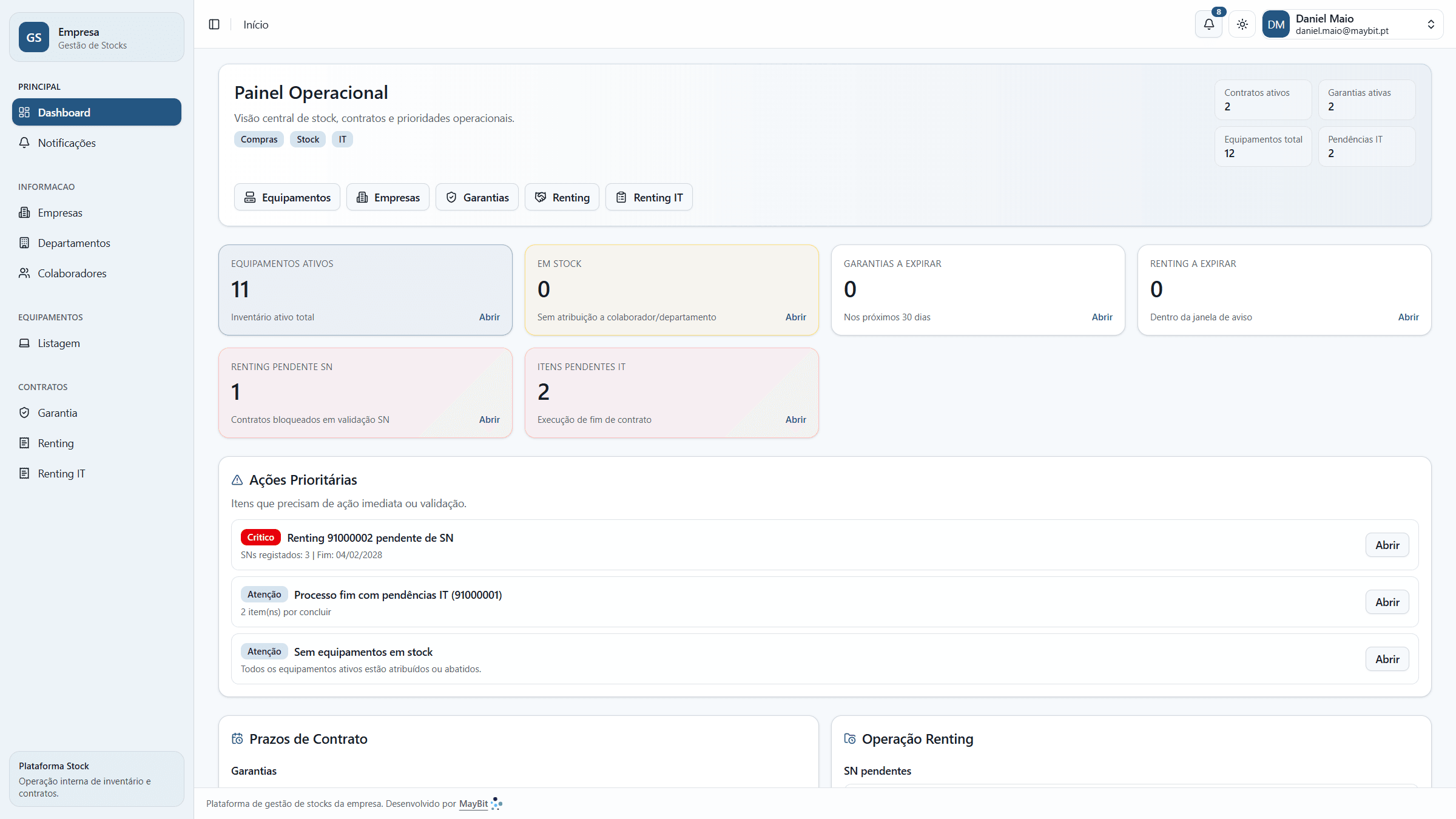Plataforma de Gestão de equipamentos e inventario com indicadores operacionais